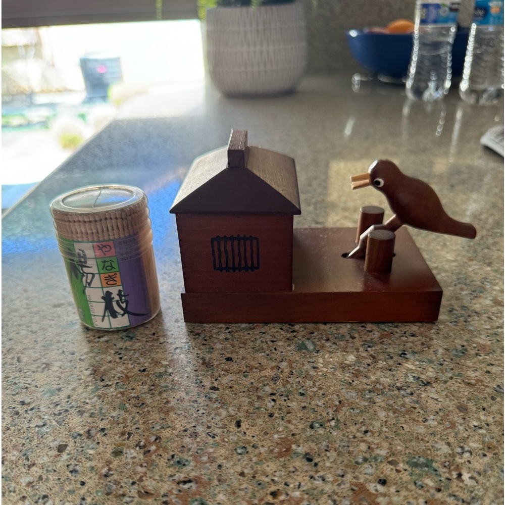 Retro Bird Toothpick Holder Dispenser Wooden Craft Made in Japan